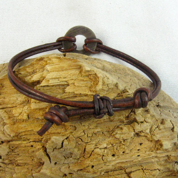 Silver & Leather Adjustable Personalized Bracelet, Brown Leather Bracelet, Handmade Gift