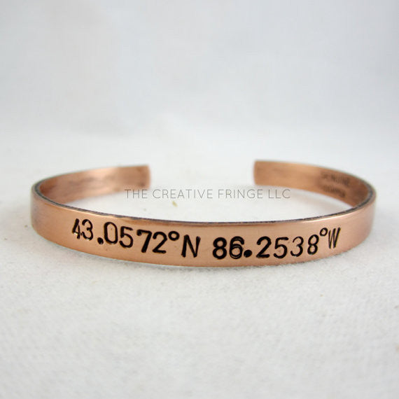 Longitude and Latitude Personalized Unisex Stamped Copper Cuff, Grand Haven Michigan
