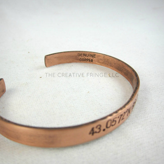 Longitude and Latitude Personalized Unisex Stamped Copper Cuff, Grand Haven Michigan
