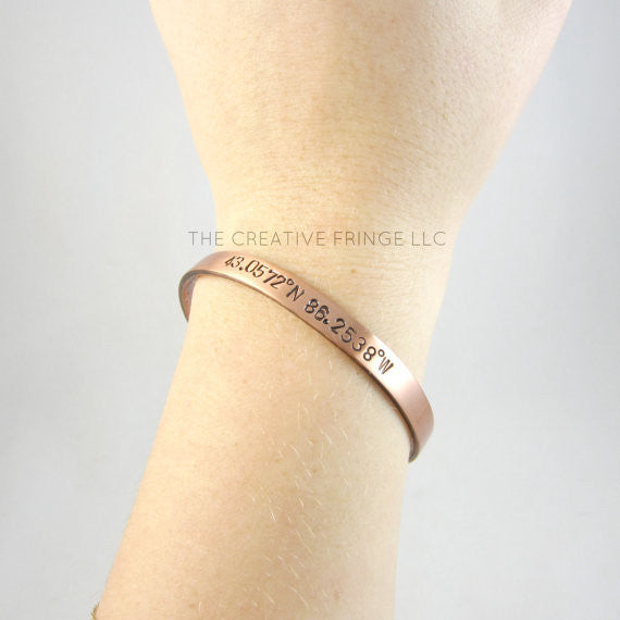 Longitude and Latitude Personalized Unisex Stamped Copper Cuff, Grand Haven Michigan