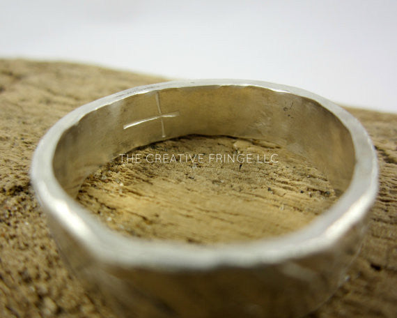 Men's Sterling Silver Ring Textured With Cross Inside Comfort Fit Band, Custom size