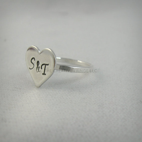 Heart Sterling Silver Ring, Personalized Stamped Heart Stacking Ring