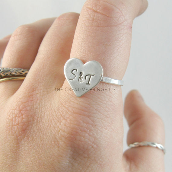 Heart Sterling Silver Ring, Personalized Stamped Heart Stacking Ring
