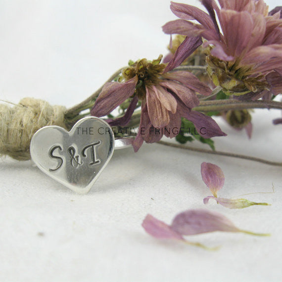 Heart Sterling Silver Ring, Personalized Stamped Heart Stacking Ring
