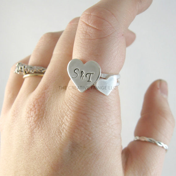 Heart Sterling Silver Ring, Personalized Stamped Heart Stacking Ring